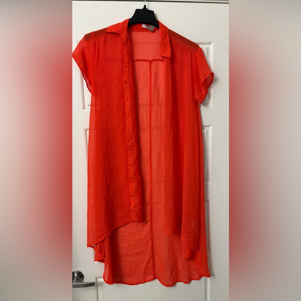 Love21 Orange Red Sheer Cover All High Low Shirt Dress Small S 4‎ 6